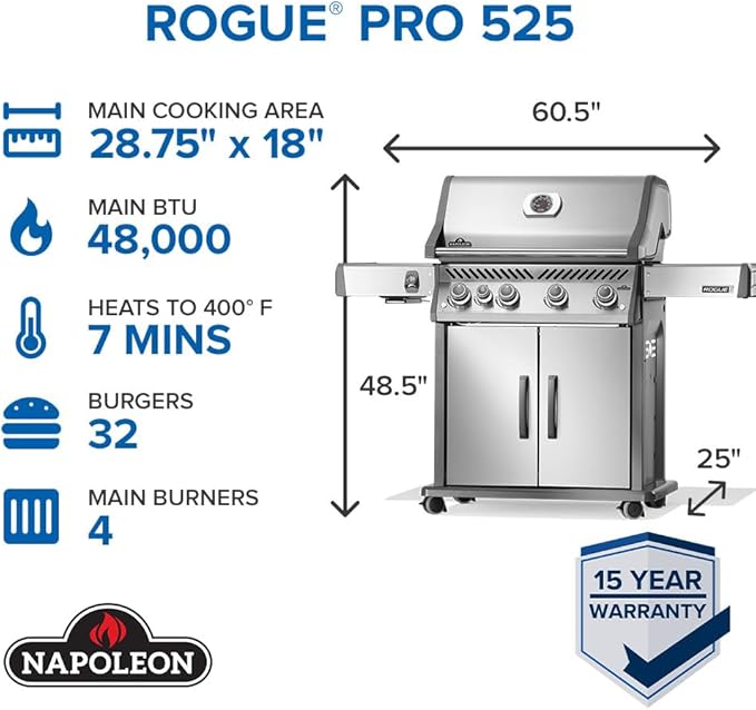 Napoleon Rogue PRO 525 Propane Gas Grill with Infrared Side Burner, Stainless Steel, Durable 5-Burner Outdoor BBQ