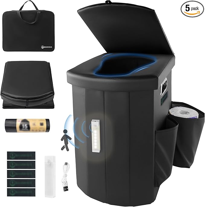 Upgrade XXL Portable Toilet Camping for Adults,17.5" Foldable Camping Toilet Portable, Portative Travel Toilet with Night Sensor Light,Aroma Patch,Handbag for Hiking, Car, Boat, Tent (Back)