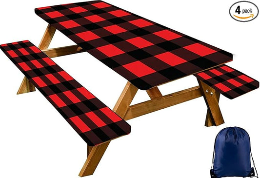 CAPSCEOLL Fitted Picnic Table Cover with Bench Covers with Elastic 8Ft Waterproof Picnic Table Cloths Windproof Outdoor Camping Tablecloth with Drawstring Bag, 96X30in, Black Red