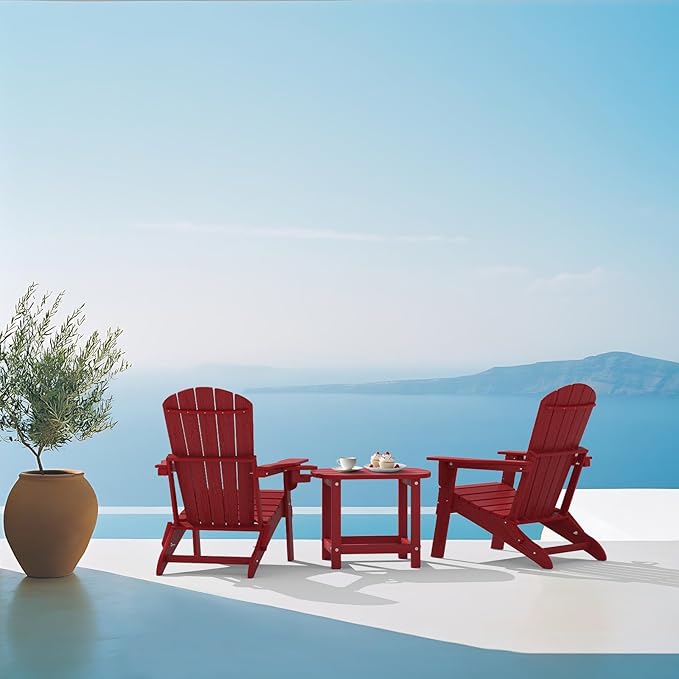 Folding Adirondack Chair Set of 4, SGS Tested, Wooden Textured with Cup Holder, Heavy All-Weather HDPE Comfortable Set Poolside Backyard Lawn,Red