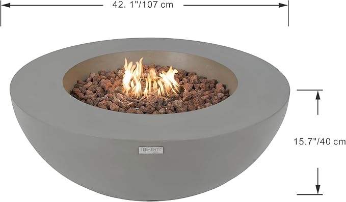 Elementi Lunar Bowl Cast Concrete Fire Table Bundle, Outdoor Fire Pit Fire Table Patio Furniture, Light Gray (Liquid Propane Gas)