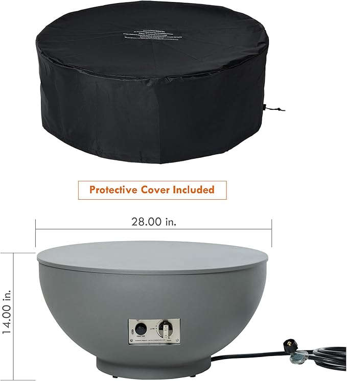 28-Inch Propane Fire Pit with Natural Gas Conversion Kit, 50,000 BTU Round Gas Fire Pit Table, Outdoor Fireplace Fire Bowl Firepit with Lid, Lava Rocks, Cover, Pre-Attached 10FT Propane Hose, Gray