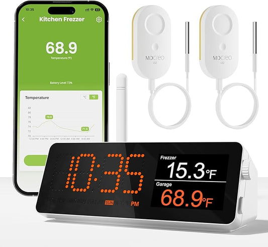 WiFi Remote Thermometer Freezer Alarm, 1/3 Mile Long Range, with IP67 Waterproof Probe, App Email Alert, with Digital Monitor Hub, 2 Smart Temperature Sensors for Hot Tub, Pool, RV, Pet Cage