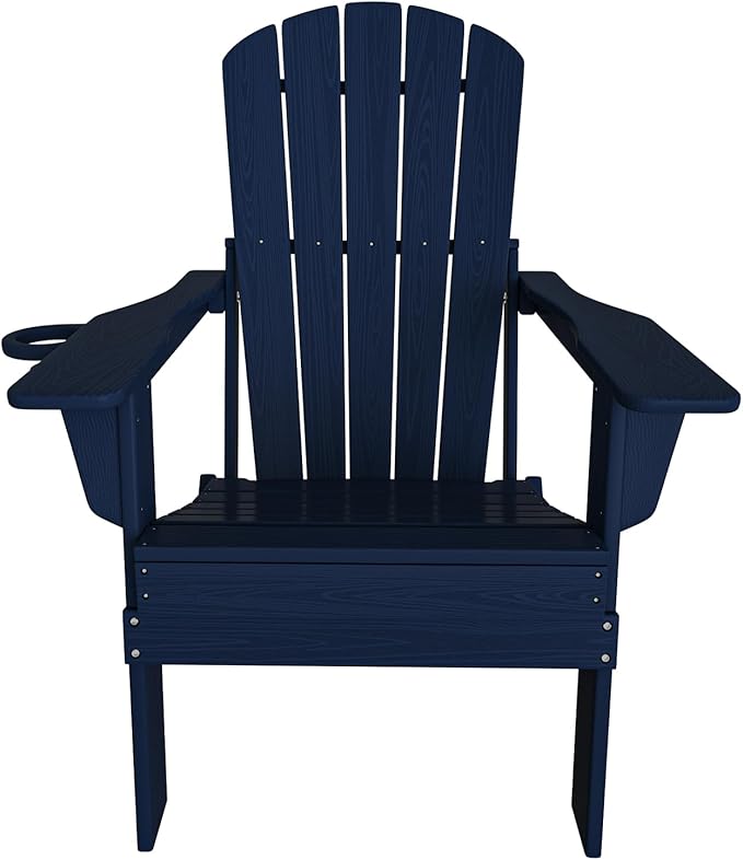 Folding Adirondack Chair, SGS Tested, Wooden Textured with Cup Holder, Heavy All-Weather HDPE Comfortable Set Poolside Backyard Lawn Navy Blue