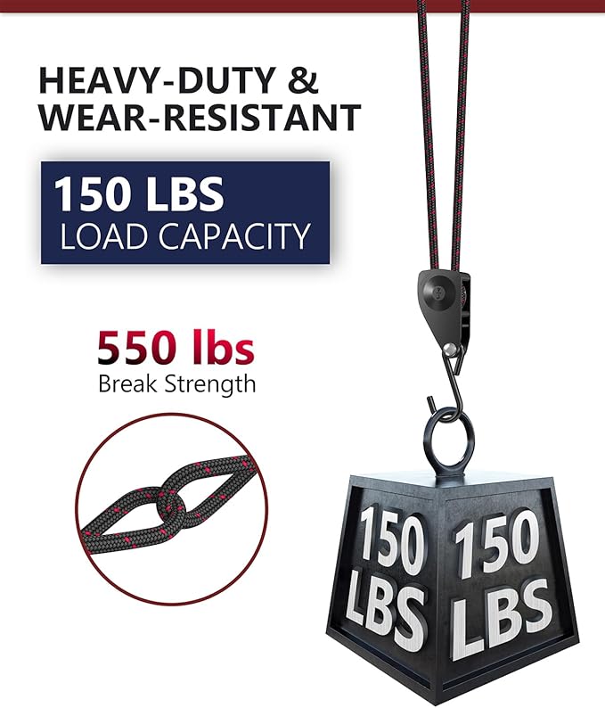 VIPARSPECTRA Ratchet Tie Down Straps, 1/4" Adjustable Rope Hangers [2 Pack, 12FT, 150 lbs/Pack], Heavy Duty Kayak Pulley System with Hooks for Garage Cargo Trucks Tents Grow Lights Various Lashing