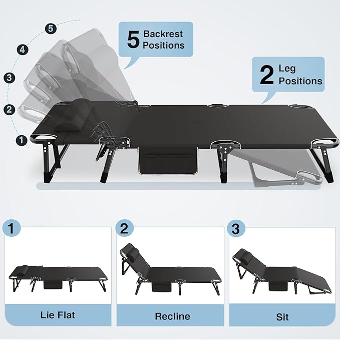 Suteck Camping Cot, 5+2 Positions Adjustable Reclining Folding Camping Cot Sleeping Bed Cots for Adults Outdoor Portable Chaise Lounge Chair W/Carry Bag Pillow Cushion for Home Nap Beach Travel