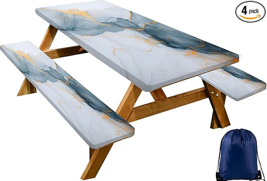 CAPSCEOLL Picnic Table Cover with Bench Covers Waterproof Camping Tablecloth All-Weather Outdoor Table Protector with Drawstring Bag for Camping Essentials, 72X30in, Grey White