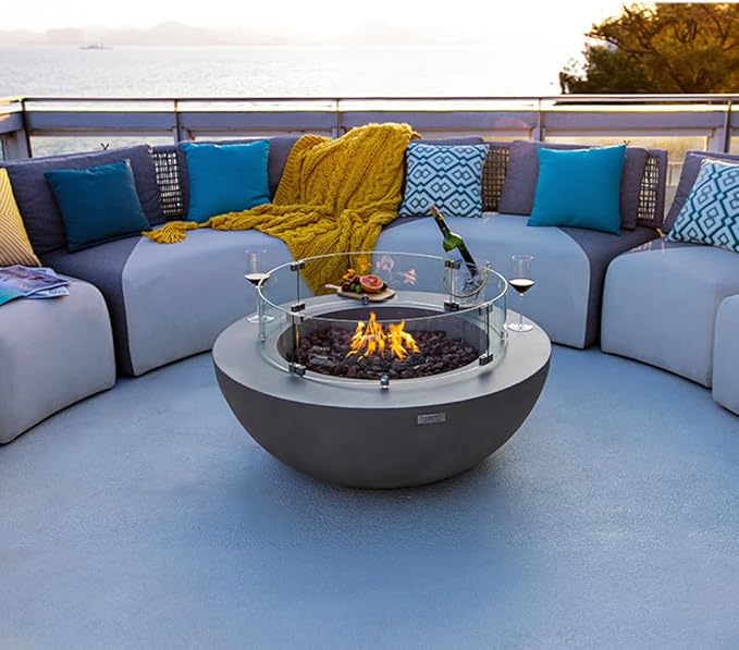 Elementi Lunar Bowl Fire Pit Bundle Outdoor Includes 42” Propane Concrete Firepit, Glass Windscreen, Stainless Steel Cover, Tank Cover, Canvas Cover, Floor Mat, Hammock, Beverage Tub