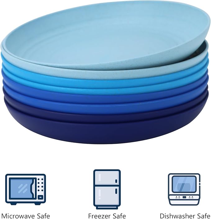 Homienly Wheat Straw Salad & Dessert Plates Set - Unbreakable, Reusable, 8-10 inch, Blue Series