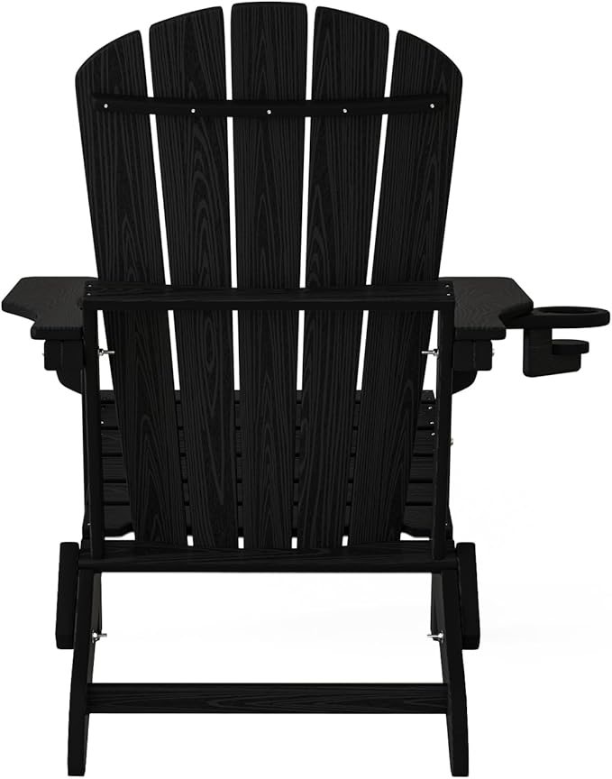 Folding Adirondack Chair Set of 4, Cup Holder，Wooden Textured ，Heavy All-Weather HDPE Comfortable Set Poolside Backyard Lawn Black