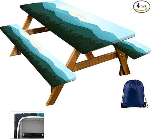 CAPSCEOLL Fitted Picnic Table Cover with Bench Covers with Elastic 8ft Waterproof Windproof Picnic Table Cloths Outdoor Camping Tablecloth with Drawstring Bag, 96X30In, Green Mountain