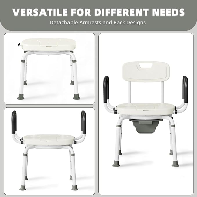 4 in 1 Bedside Commode for Seniors,Portable Toilet for Adults with Arms & Removable Bucket,Height Adjustable Commode Chair for Toilet，Swivel Shower Chair for Inside Shower for Handicapped, Adults