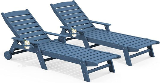 SERWALL Patio Chaise Lounge Chair Set of 2, 78'' Long 5-Positions Adjustable HDPE Outdoor Lounge Chair for Pool, Poly Lounge Chair with Rolling Wheels & Cup Holder for Poolside, Deck, Blue
