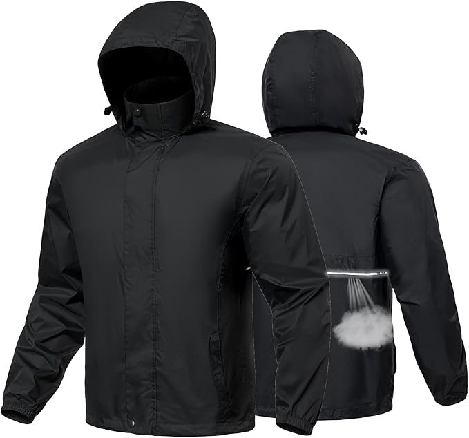 MANSDOUR Men's Packable Rain Jacket Waterproof Lightweight Windbreaker Cycling Golf Hiking Reflective Raincoat with Hood