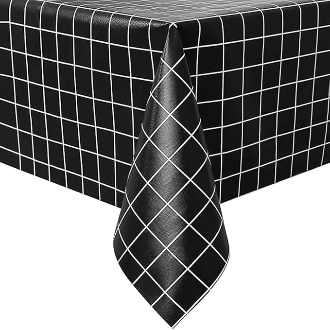 Romanstile Rectangle Plastic Tablecloth, 100% Waterproof Oil-Proof Checkered PVC Table Cloths, Heavy Duty Vinyl Table Covers for Dining, Camping, Picnic, Outdoor - 54 x 120 Inch, Black