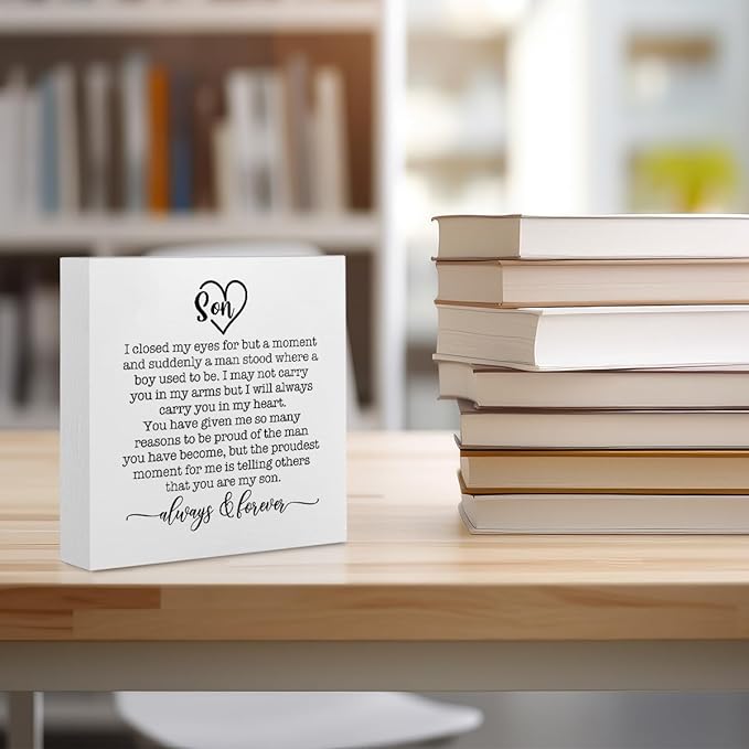Inspirational Son Gifts from Mom Office Supplies Rustic Desk Decor Motivational Son Birthday Gifts White Wooden Box Sign Farmhouse Wood Plaque Cubicle Accessories Home Shelf Table Counter Decorations