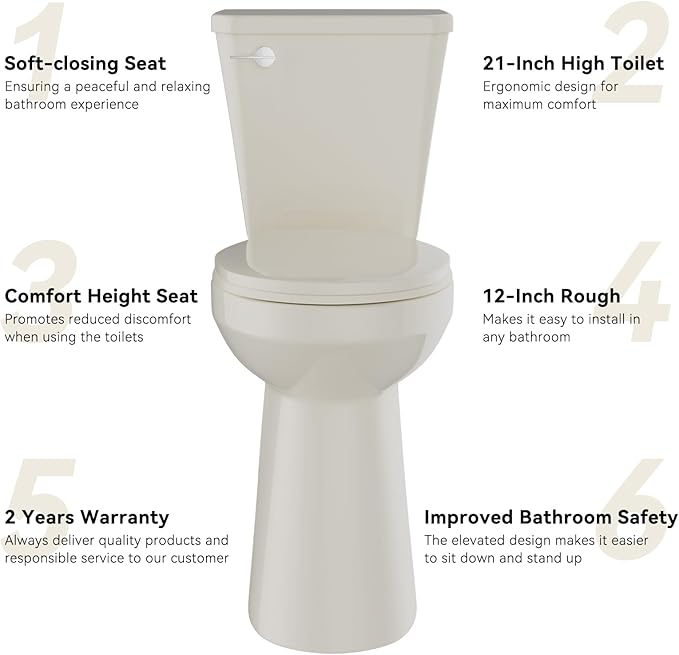 Simple Project Tall Toilets for Seniors 21 inch Extra High Toilets, ADA Comfort Toilet Bowl Heigh 21", Elongated Two-Piece Toilet 1.28GPF Powerful, 12 Inch Rough-in, Bone Color, for Bathroom