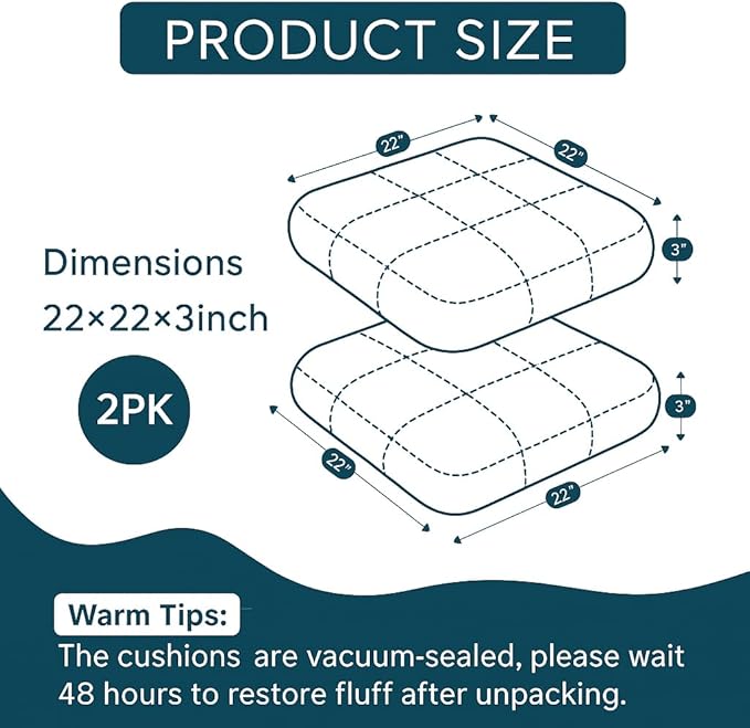 Codi Outdoor Seat Cushions for Patio Furniture 22x22 Inch, Waterproof Chair Cushion with Textured Fabric, Handles & Adjustable Straps, Fade Resistant - Set of 2, Naby Blue