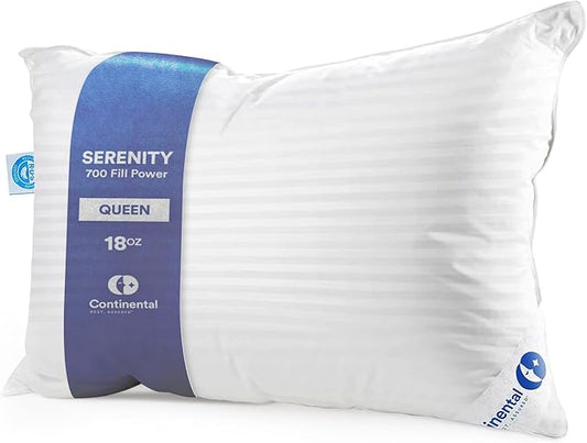 Continental Bedding | Serenity Goose Down Pillow | 700 Fill Power Hungarian White Down | 400TC Cotton Damask Shell | Made in USA | Soft, Queen (Pack of 1)