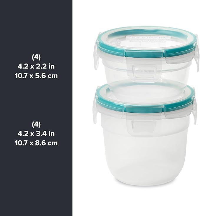 Snapware Total Solution 16-Pc Plastic Food Storage Containers Set,(4) 2-Cup & (4) 1.2-Cup Round Meal Prep Container, BPA-Free Lids with 4 Locking Tabs, Microwave, Dishwasher, and Freezer Safe