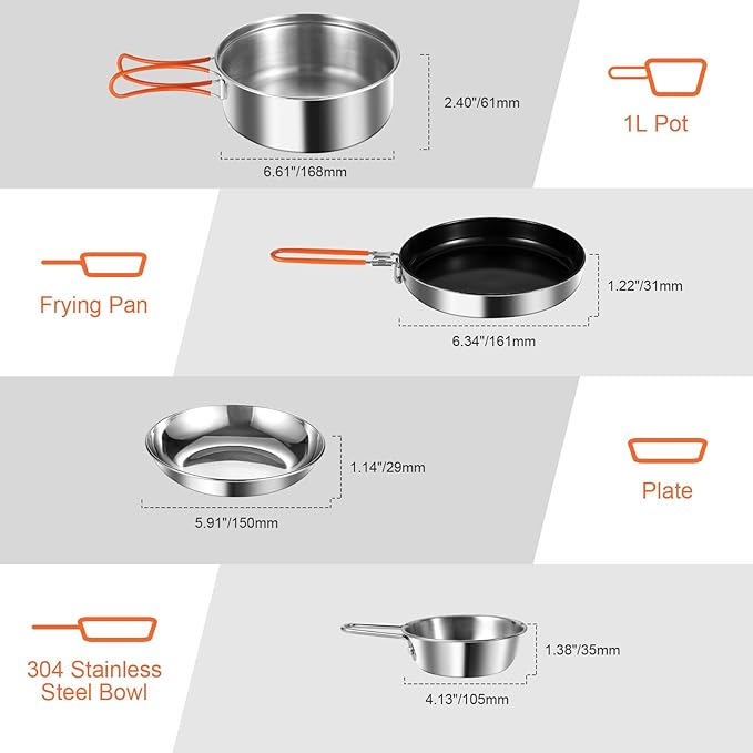 Odoland 10pcs Stainless Steel Camping Cookware Camping Pot and Pan Set with Portable Camping Stove Camping Mess Kit with Plates Bowls Forks Knives Spoons for Hiking Backpacking and Picnic