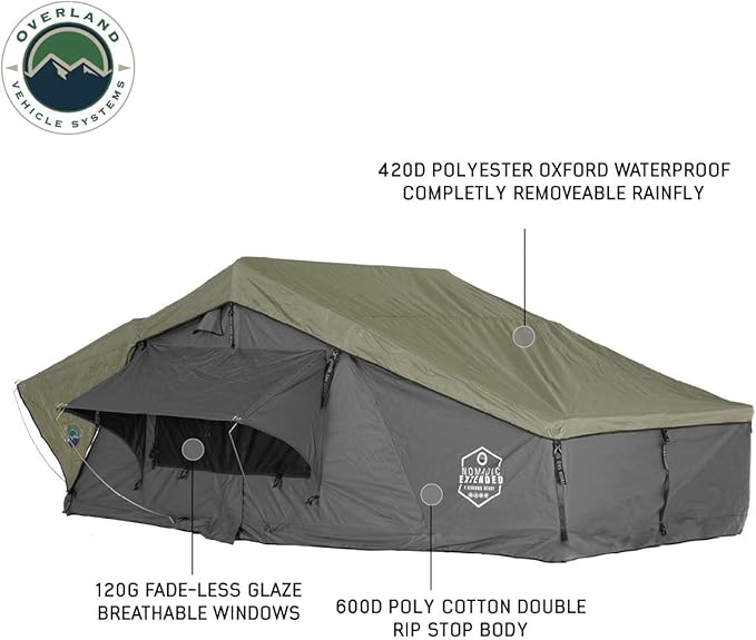 Overland Vehicle Systems HD Nomadic 4 Extended Soft Shell Roof Top Tent - Dark Gray Base with Green Rain Fly & Black 1000G PVC Travel Cover - Black Aluminum Base