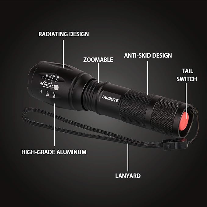 LED Emergency Handheld Flashlight, 4 Pack, Adjustable Focus, Water Resistant with 5 Modes, Best Tactical Torch for Hurricane, Camping, Dog Walking