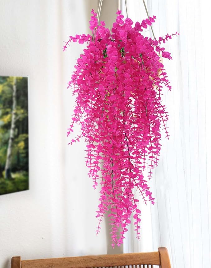 RECUTMS Artificial Plants Fake Hanging Vine Plant Hanging Eucalyptus Vine Artificial Leaves Greenery Plastic Plants for Indoor Bedroom Wall Decoration Outdoor Porch Home Wedding Decor(Pure Fuchsia)
