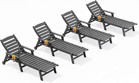 SERWALL Patio Chaise Lounge Chair Set of 4, 5 Positions Adjustable Poly Outdoor Lounge Chair for Pool, HDPE Lounge Chair with Rolling Wheels & Cup Holder for Poolside, Deck, Slate Gray