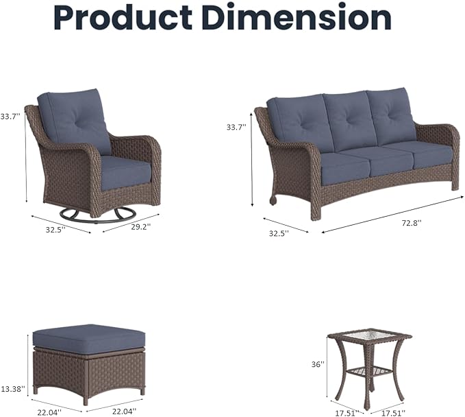 6 Pieces Outdoor Patio Furniture Sets with Rocking Swivel Chairs with 6-inch Thick Cushion and Side Table for Deck Lawn