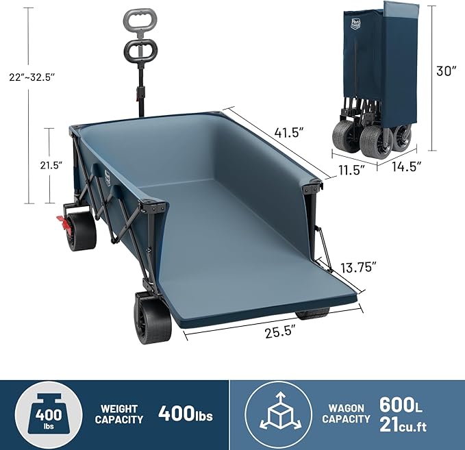 TIMBER RIDGE 600L Beast Wagon 26" W Extra Wide All Terrain Folding w/Big Wheels, Cargo Net & Tailgate, 26" W and 55" L, Capacity and 400lbs Heavy Duty Collapsible Portable Cart, Blue