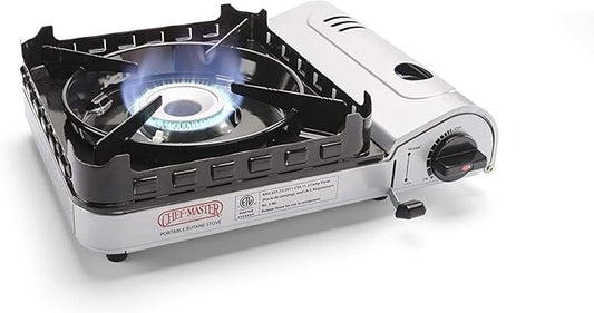 15,000 BTU Output Portable Butane Camping Stove by Chef Master, Double Wind-Guard Portable Stove Burner, Peizo Click Ignition for Emergencies, Tailgating, Hiking, Backpacking, Camping Essential -90019