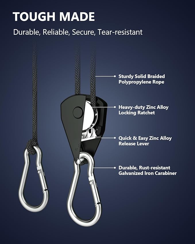 VIPARSPECTRA Retractable Heavy Duty Ratchet Tie Down Straps [4 Pack, 8ft, 75lbs/Pack], Rope Pulley System Rollers with Carabiner Hook for Kayak/Hanging Plants/Grow Light/Tents Various Tie-Down Uses