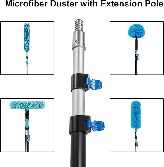 20 Foot High Ceiling Fan Duster with 5-12 Foot Extension Pole, Extendable Reusable Cobweb, Feather, Window Cleaning Squeegee Kit Blue