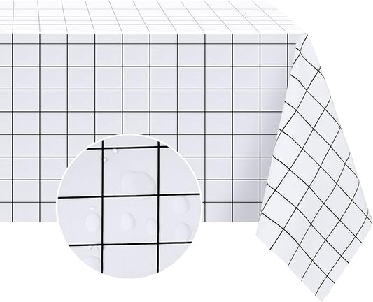 Romanstile Rectangle Plastic Tablecloth, 100% Waterproof Oil-Proof Checkered PVC Table Cloths, Heavy Duty Vinyl Table Covers for Dining, Camping, Picnic, Outdoor - 54 x 108 Inch, White