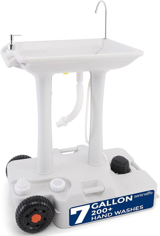 SereneLife Portable Camping Sink with 30L (7+ Gallon) Built-In Water Tank, Large Wheels, Hands-Free Foot Pump, Extra-Large Basin, and 5L Soap Dispenser – Ideal for Outdoors, Camping, and Worksites