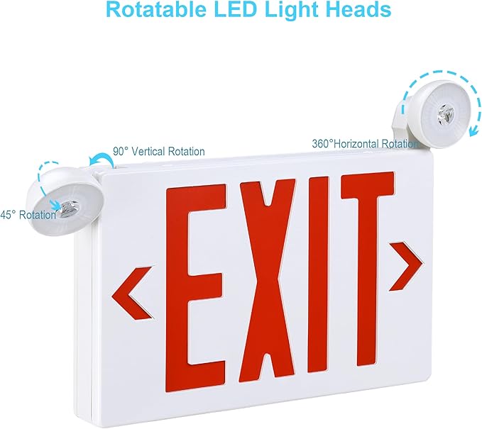 Gruenlich Exit Signs with Emergency Lights, 2 Adjustable LED Head with Battery Backup, 94V-0 Fire Resistant, AC 120/277V, Hardwired Commercial Emergency Light Combo for Business, 1 Pack