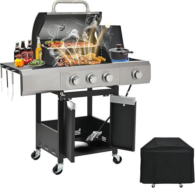 3-Burner Propane Gas BBQ Grill with Side Burner, 40,500 BTU Stainless Steel Gas Grill with Rain Cover for Outdoor, Camping, Barbecue Grilling Backyard Cooking (3+1 burner)