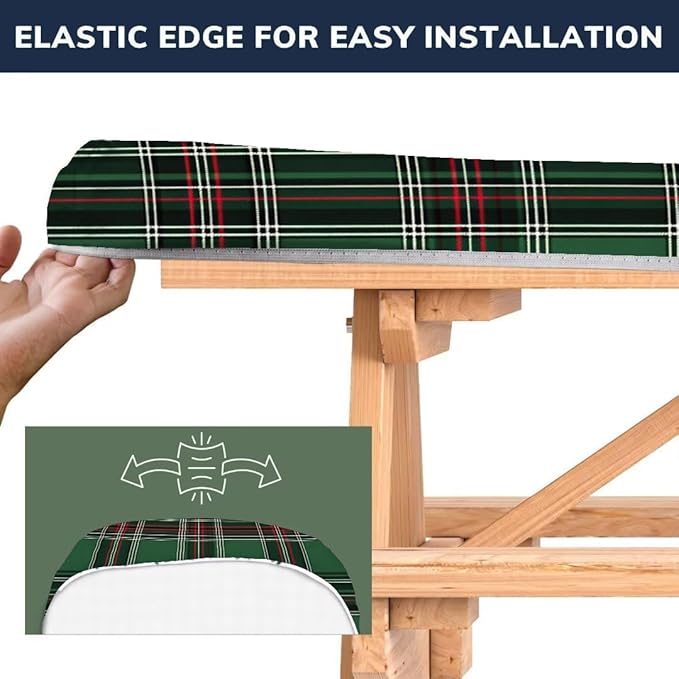 CAPSCEOLL Fitted Picnic Table Cover with Bench Covers with Elastic 6Ft Waterproof Picnic Table Cover for Outdoors Camping Tablecloth with Drawstring Bag, 72X30in, Christmas Green Buffalo Plaid