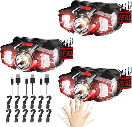 3 Headlamps, White&Red LED Headlamp, 70° Up&Down Adjustable, 4 Clips, Motion Switch, 800 Lumens, 500 Feet Distance and 10 Hours Running Time MAX, IPX5 Waterproof, for Camping, Hiking, Fishing