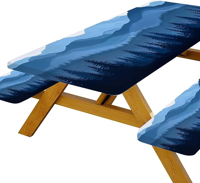 Picnic Table Cover with Bench Covers Elastic Edges, Blue Grey Mountain Pine Table Cover, Waterproof Windproof Fitted, for Outdoor Camping Patio Garden , Drawstring Bag,72 in