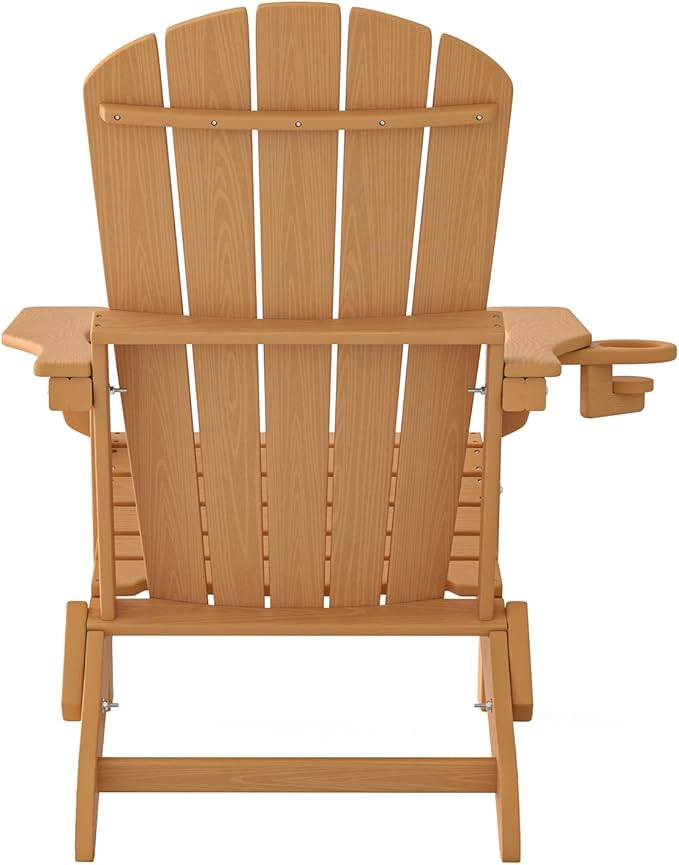 Folding Adirondack Chair, SGS Tested, Wooden Textured with Cup Holder, Heavy All-Weather HDPE Comfortable Set Poolside Backyard Lawn Teak Set 4