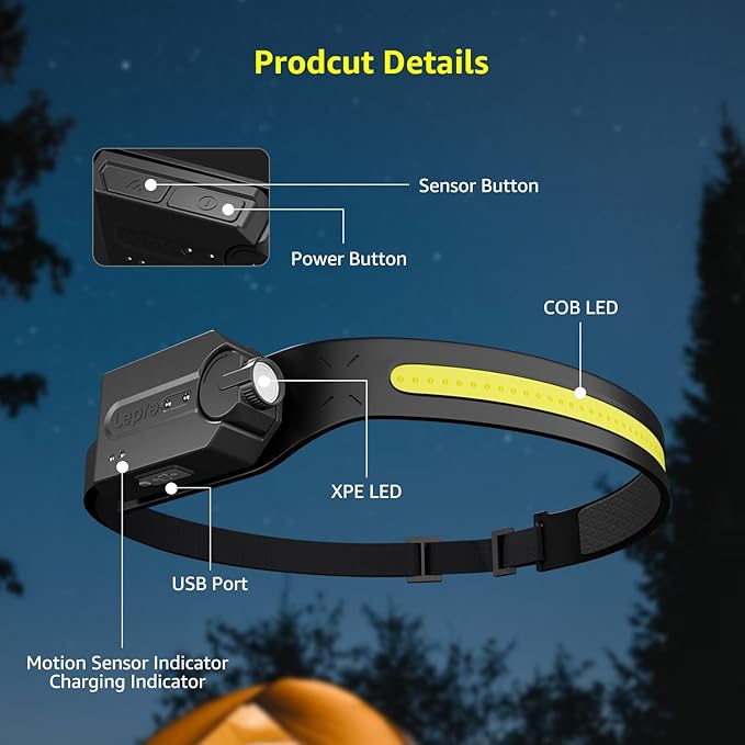 Lepro LED Headlamp Rechargeable - Super Bright Motion Sensor Head lamp with 1200 mAh Battery, 230°COB Wide Beam & Adjustable Spotlight, IP44 Waterproof Headlight for Camping, Hiking, Running, 2 Pack