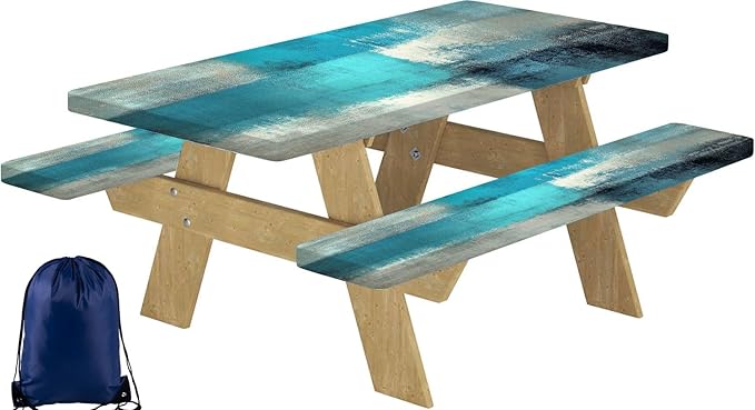 CAPSCEOLL Picnic Table Cover with Bench Covers 8Ft Waterproof Fitted Camping Tablecloth All-Weather Outdoor Table Protector with Drawstring Bag for Camping Essentials, 96X30In, Blue White