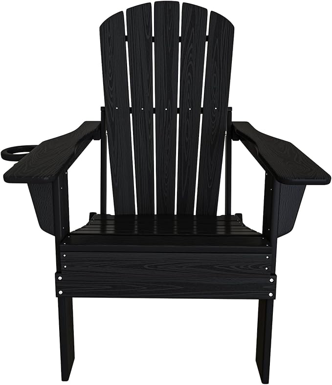 Folding Adirondack Chair Set of 4, Cup Holder，Wooden Textured ，Heavy All-Weather HDPE Comfortable Set Poolside Backyard Lawn Black