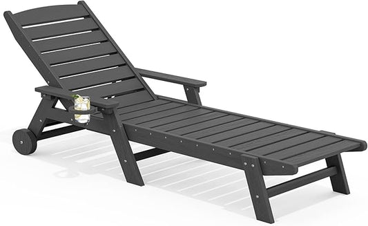 SERWALL Patio Chaise Lounge Chair, 78'' Long HDPE Outdoor Lounge Chair 5 Positions Adjustable Outdoor Lounger, Poly Lounge Chair with Rolling Wheels & Cup Holder for Pool, Slate Gray