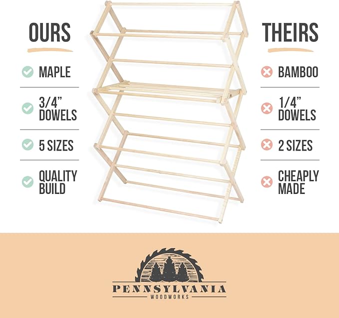 Pennsylvania Woodworks Clothes Drying Rack: Solid Maple Hardwood Laundry Rack for Bedding, Blankets, Towels & More, Heavy Duty, Folding Drying Rack Made in USA, No Assembly Needed, Extra Large