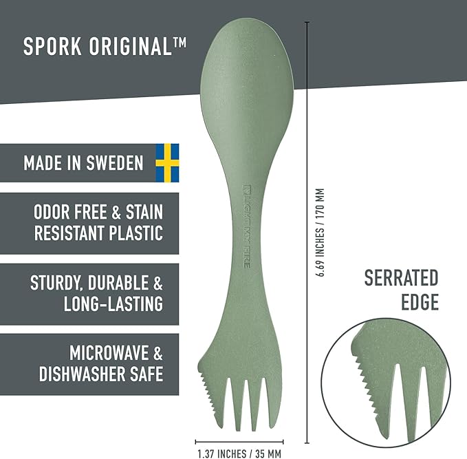 Light My Fire Spork Original 4-Pack 3-in-1 Camping Spoon Fork Knife Combo Reusable Travel & Camping Utensils Lunch Spork Outdoor Backpacking Hiking Picnic Utensil BPA Free, Nature