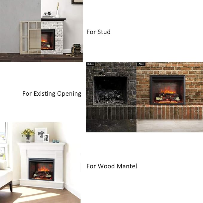 RICHFLAME Gavin 26 Inches Electric Fireplace Insert with Log Speaker, Designed for Stud, Wood Burning Opening, Cabinet & Wood Mantel, Remote Control, 750/1500W, Black