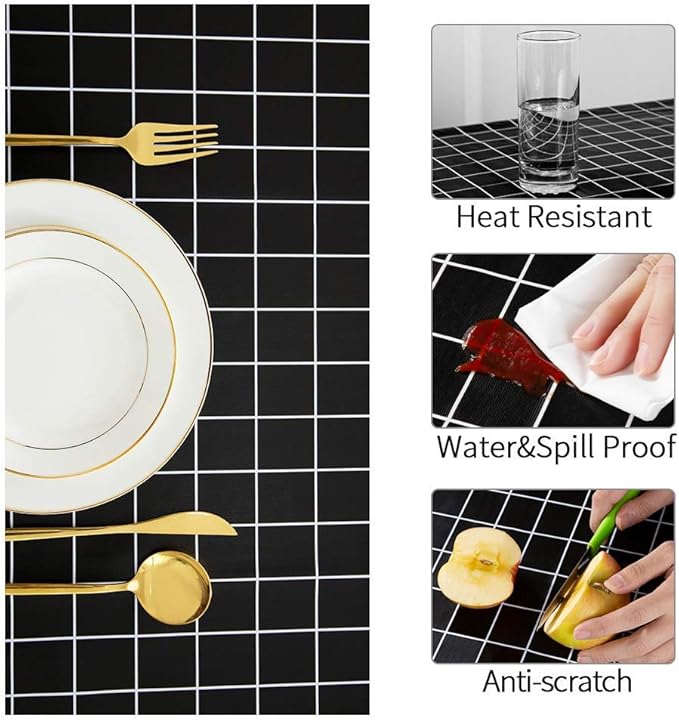 Romanstile Rectangle Plastic Tablecloth, 100% Waterproof Oil-Proof Checkered PVC Table Cloths, Heavy Duty Vinyl Table Covers for Dining, Camping, Picnic, Outdoor - 54 x 120 Inch, Black